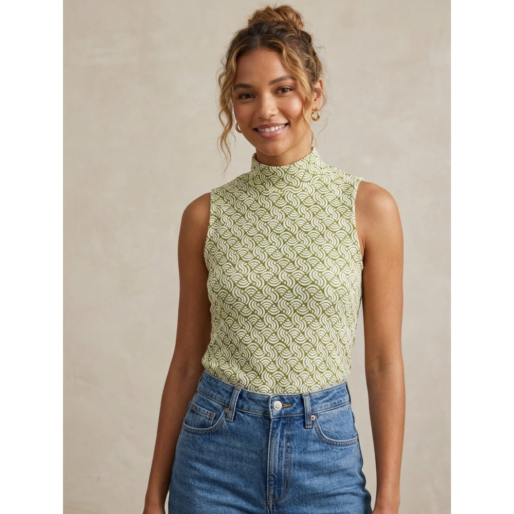 Maeve by Anthropologie Green Geometric Mock Neck Sleeveless Shell Top M